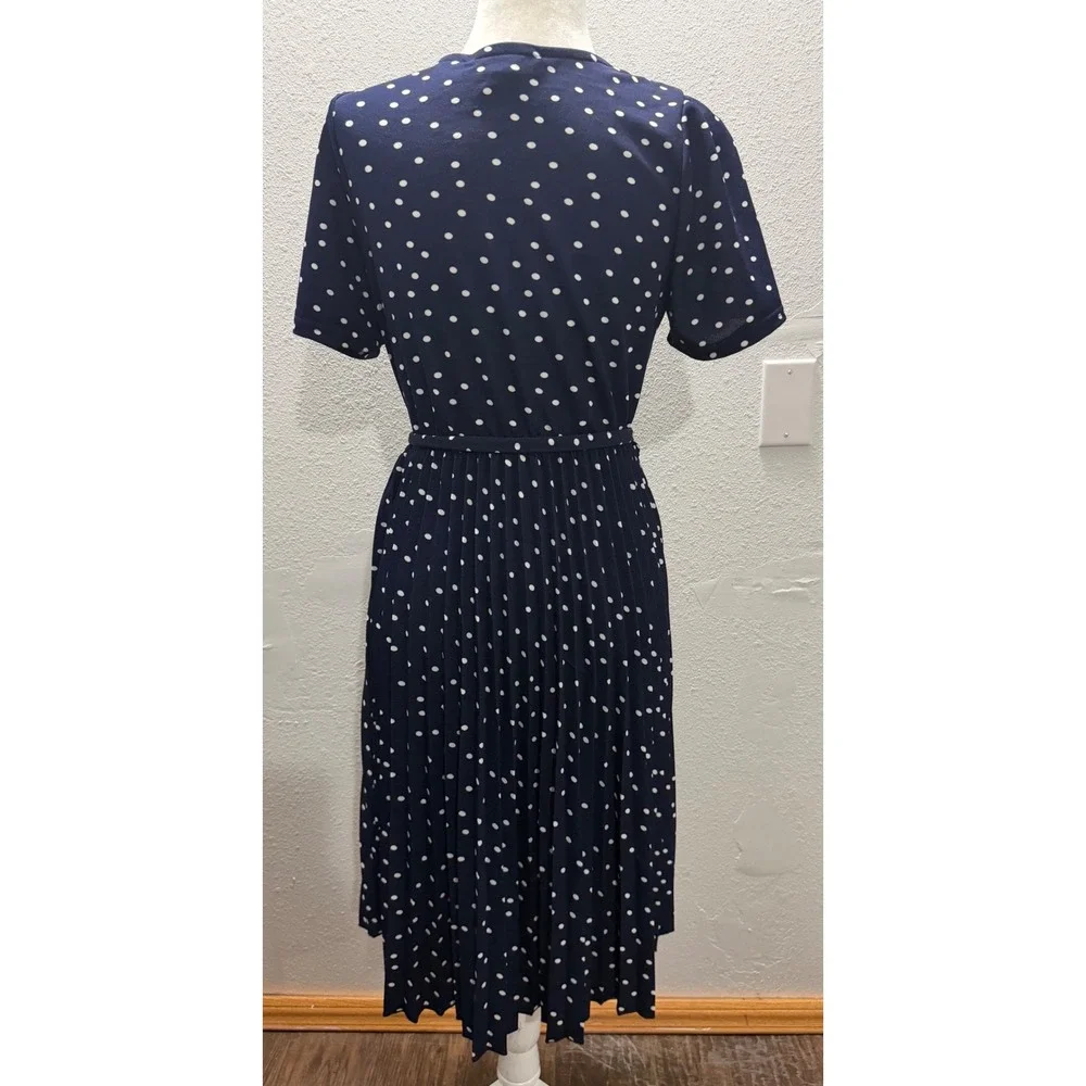 Lark + Grey Navy Blue Polka Dot Pleated Wrap Midi Dress Women's Medium